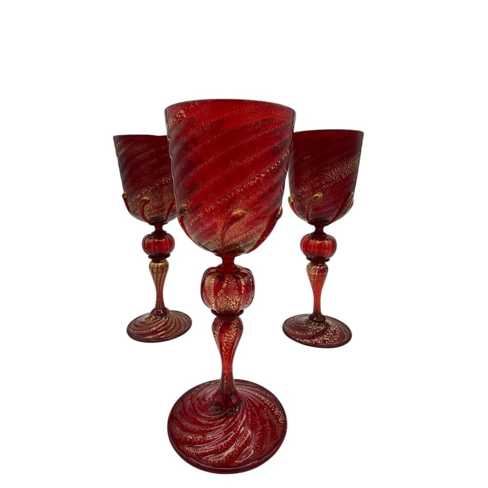 Venetian Vintage Murano Gold Infused Ruby Red Goblets Set of three